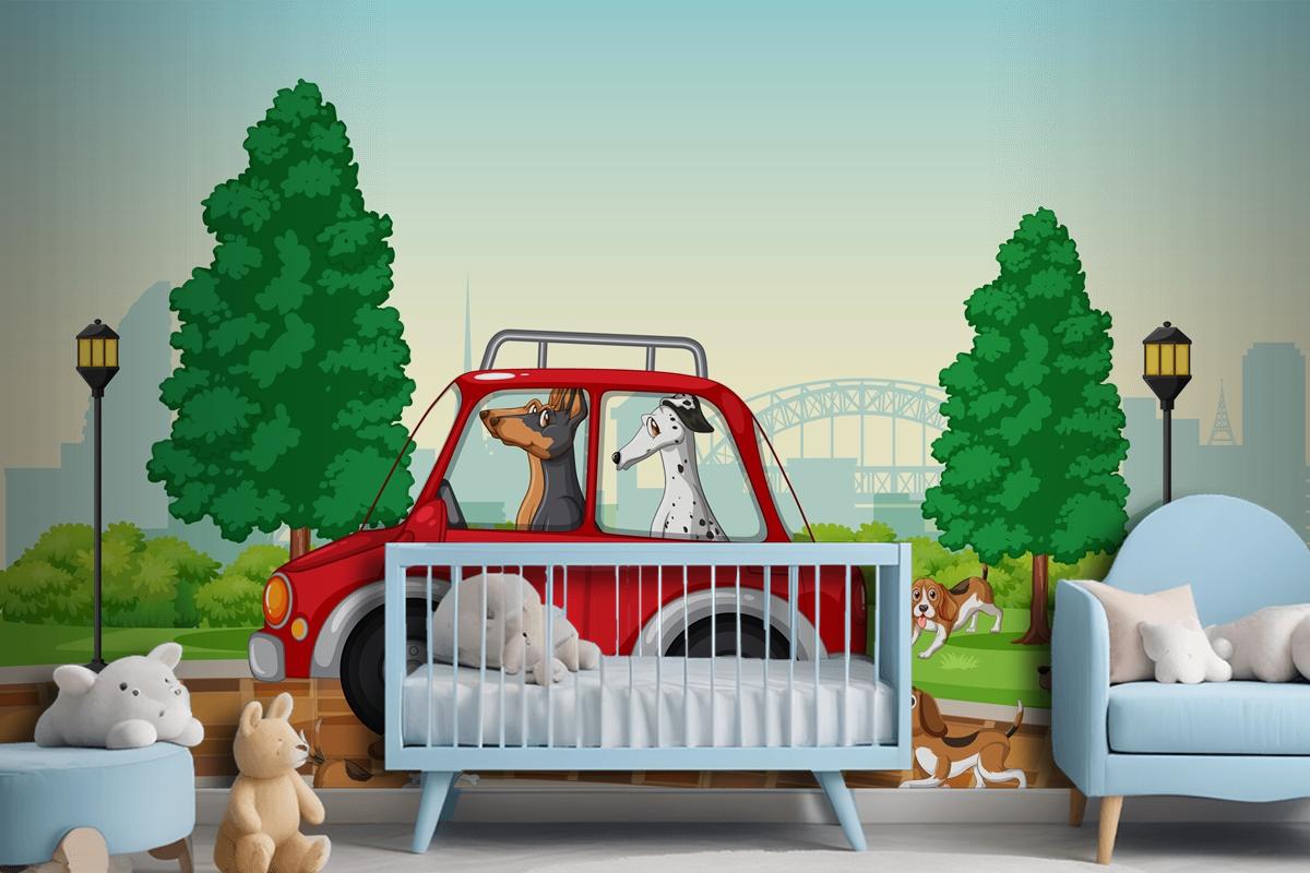 Dogs Driving And Running In The Park Wallpaper Mural