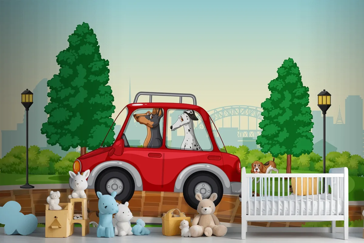 Dogs Driving And Running In The Park Wallpaper Mural