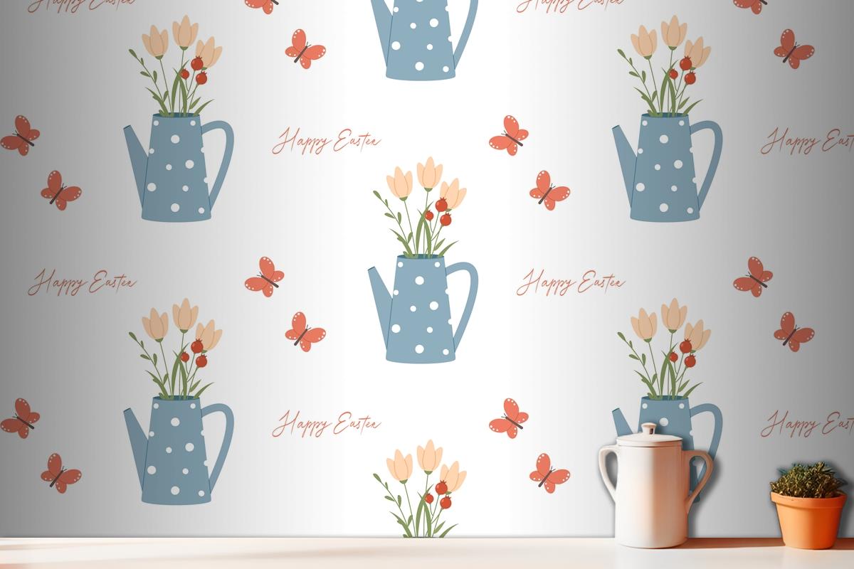 Easter Seamless Pattern Watering Can Butterfly And Lettering Wallpaper Mural