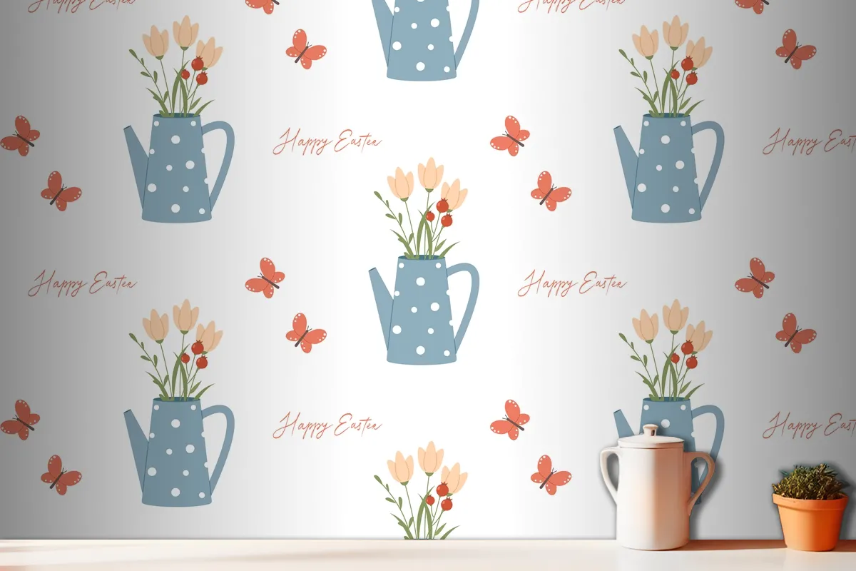 Easter Seamless Pattern Watering Can Butterfly And Lettering Wallpaper Mural