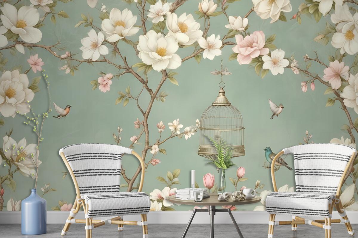 English Country Style With Branches And Flowers And Birds Wallpaper Mural