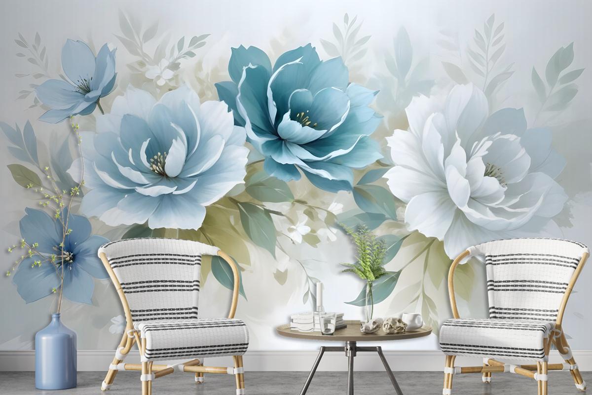 European Style 3D Look Blue Green Floral Wallpaper Mural