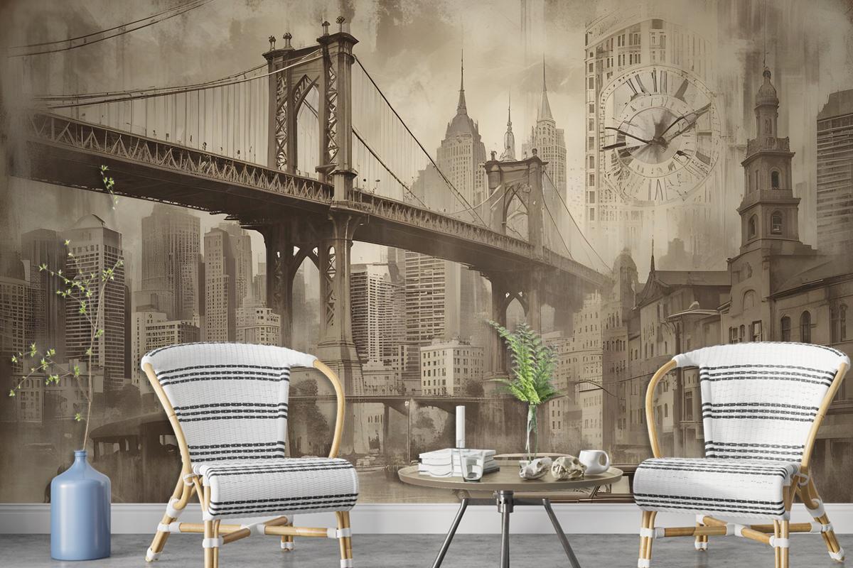 European Vintage City With Brooklyn Bridge Wallpaper Mural