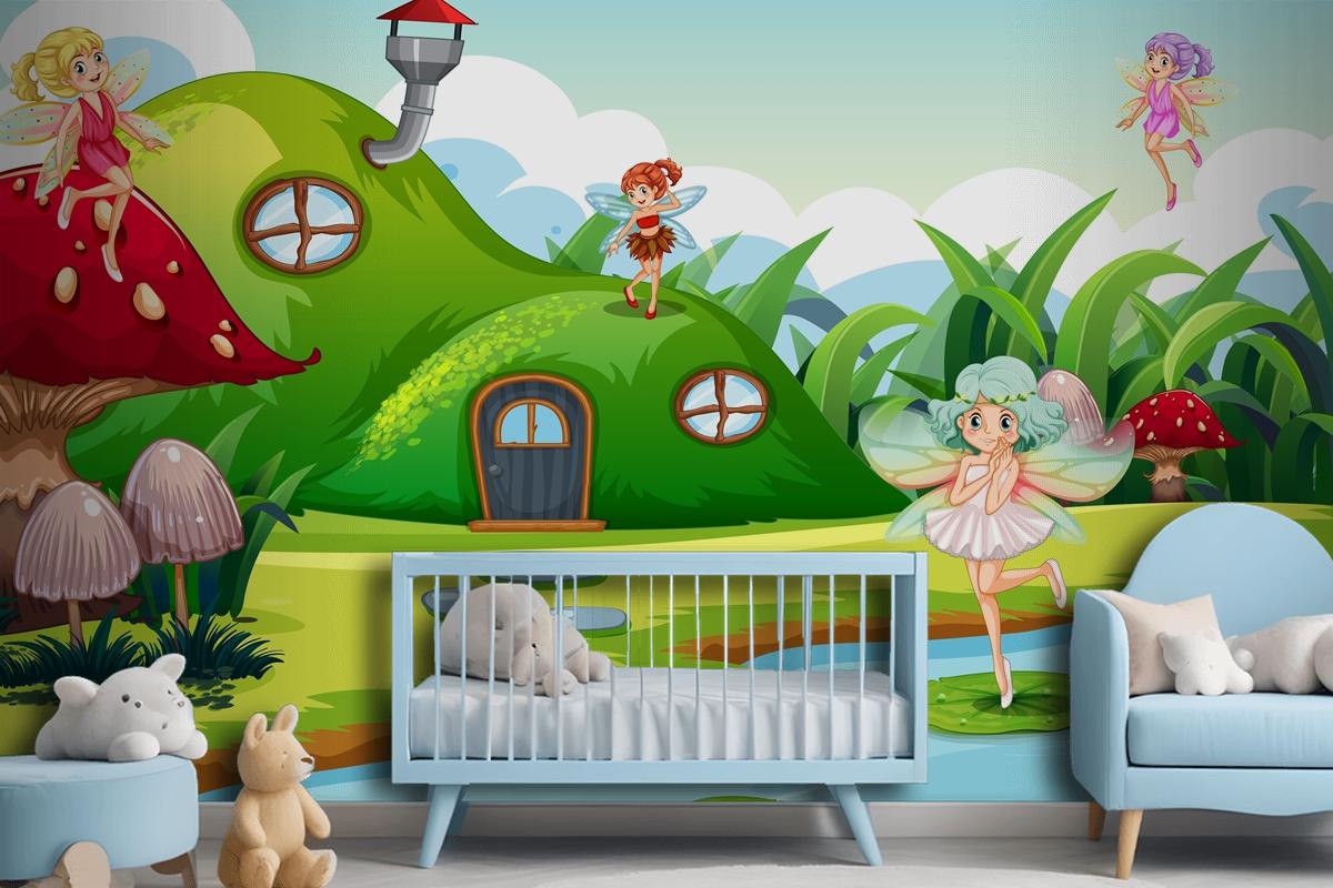 Fantasy Fairys In Green Scene Wallpaper Mural