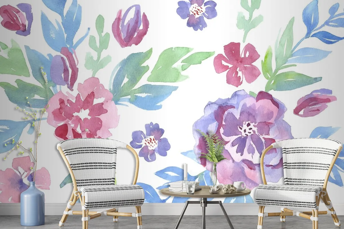 Fashionable Pattern In Watercolor Flowers Wallpaper Mural