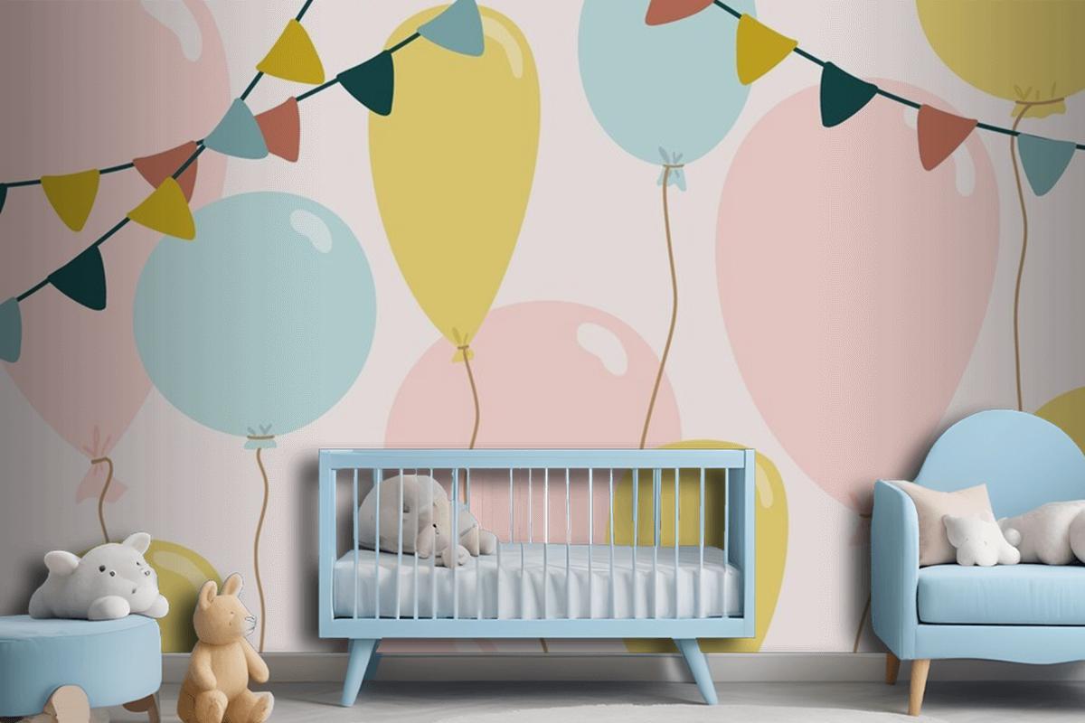 Festive Background With Blue Pink And Yellow Balloons Wallpaper Mural