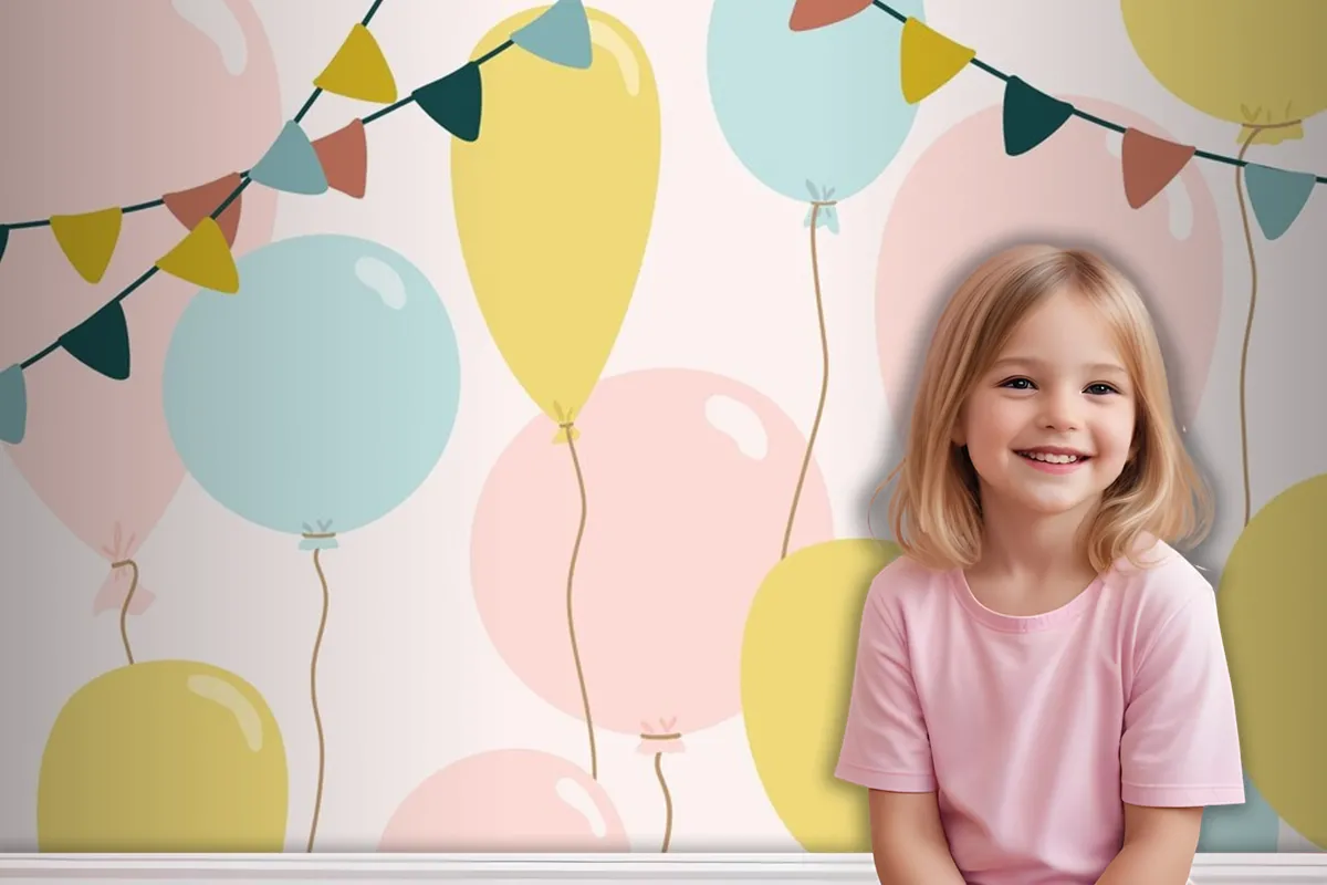 Festive Background With Blue Pink And Yellow Balloons Wallpaper Mural