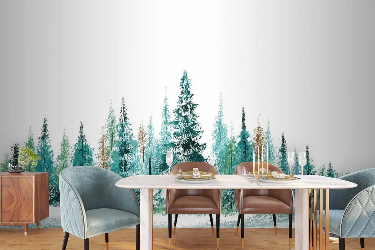 Festive Winter Landscape Christmas Trees Beautiful Holiday Card Wallpaper Mural