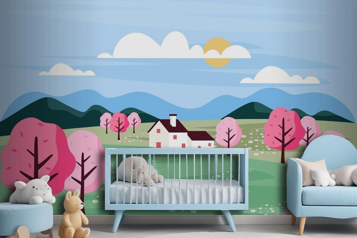 Flat Design Spring Landscape Wallpaper Mural