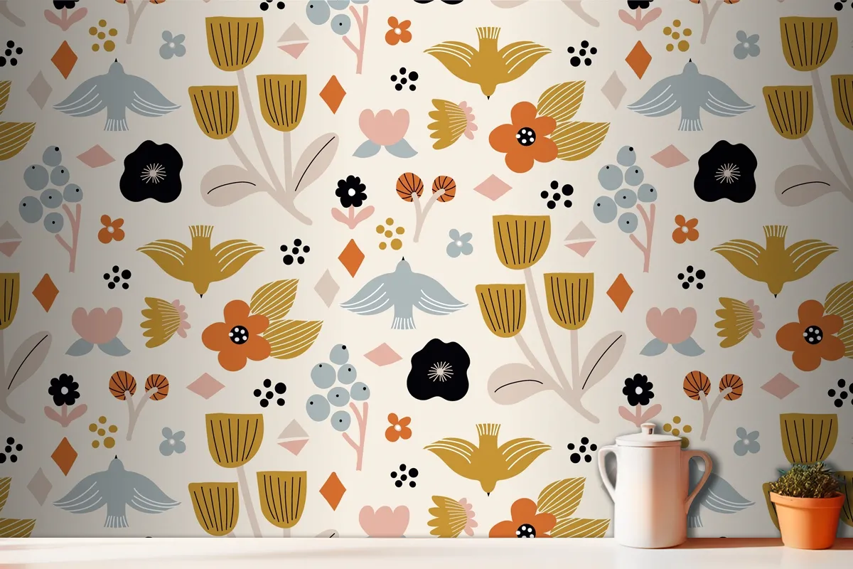 Flat Scandinavian Design Pattern Kitchen Wallpaper Mural