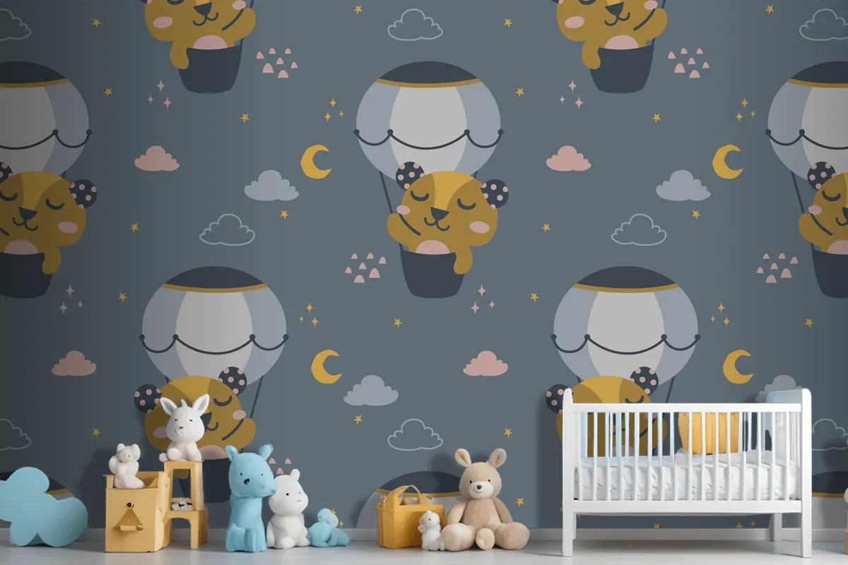 Fliying Cute Bear Scandinavian Pattern Wallpaper Mural