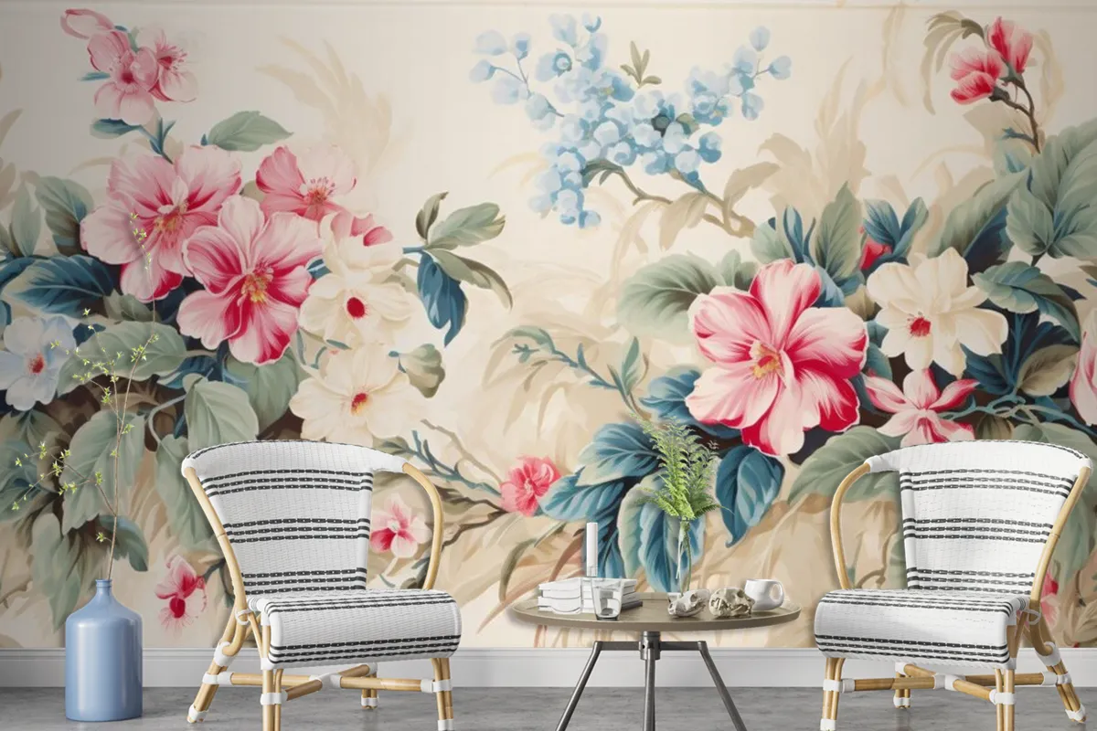 A Floral With Tropical Flowers And Leaves Wallpaper Mural