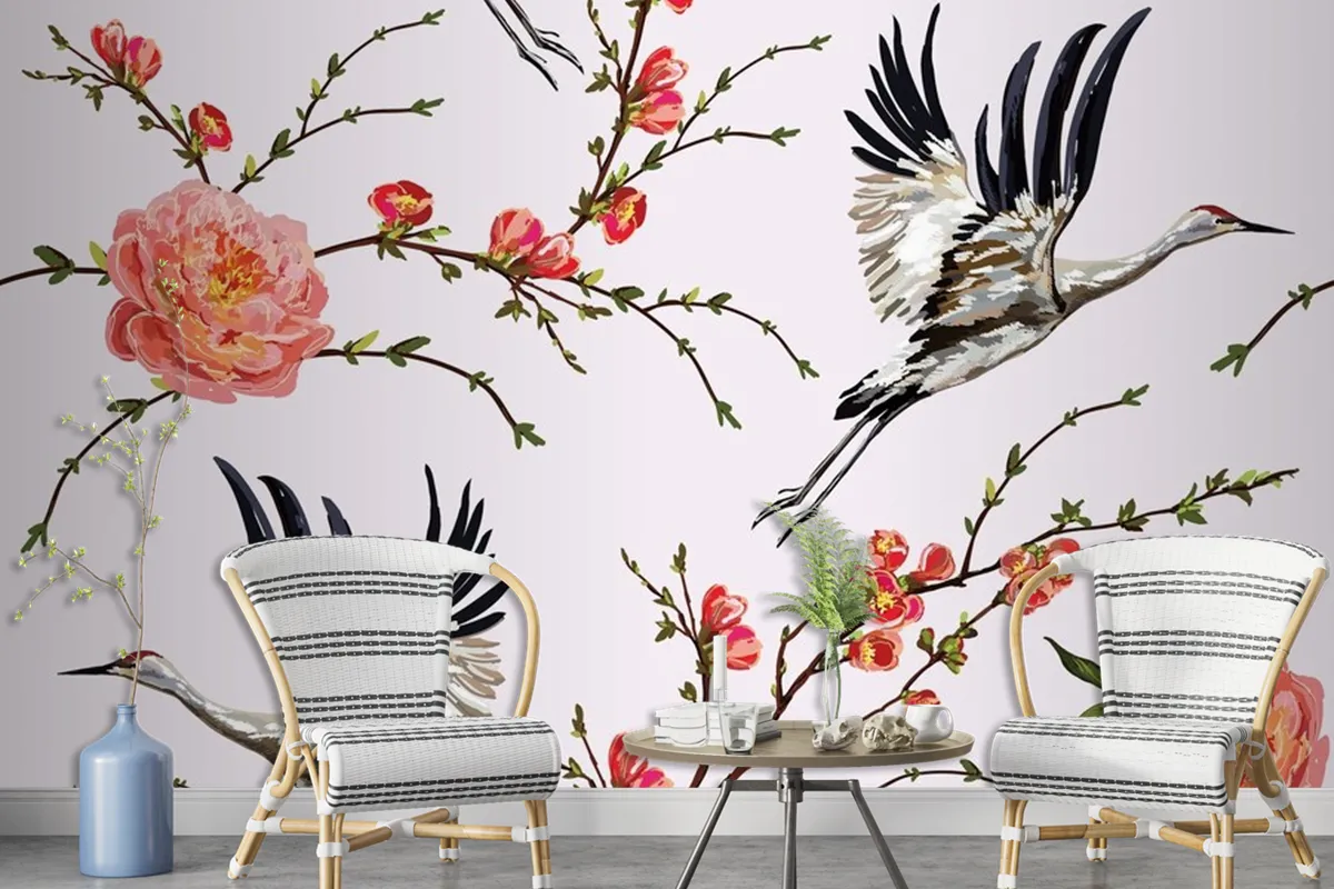 Flowers And Plants Flowers And Birds Seamless Print Pattern Wallpaper Mural