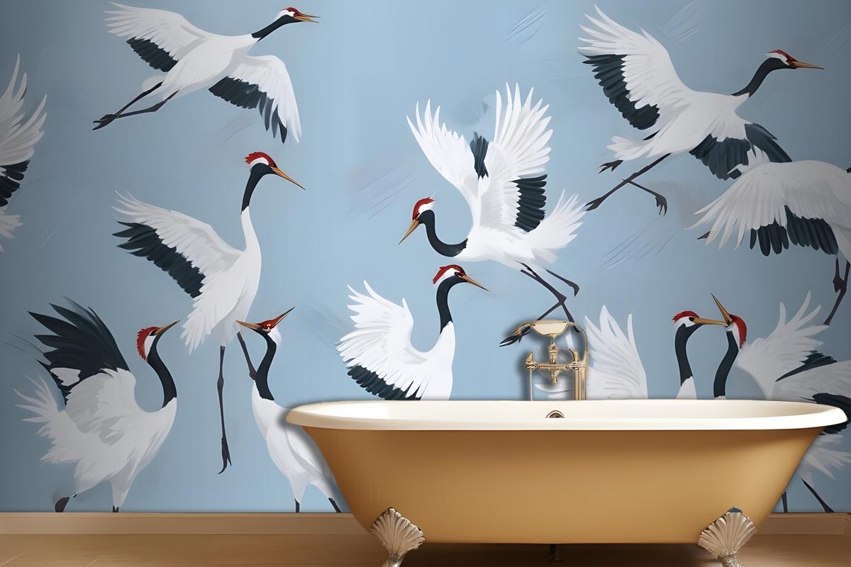 Flying Japanese Cranes Blue Painted Wallpaper Mural