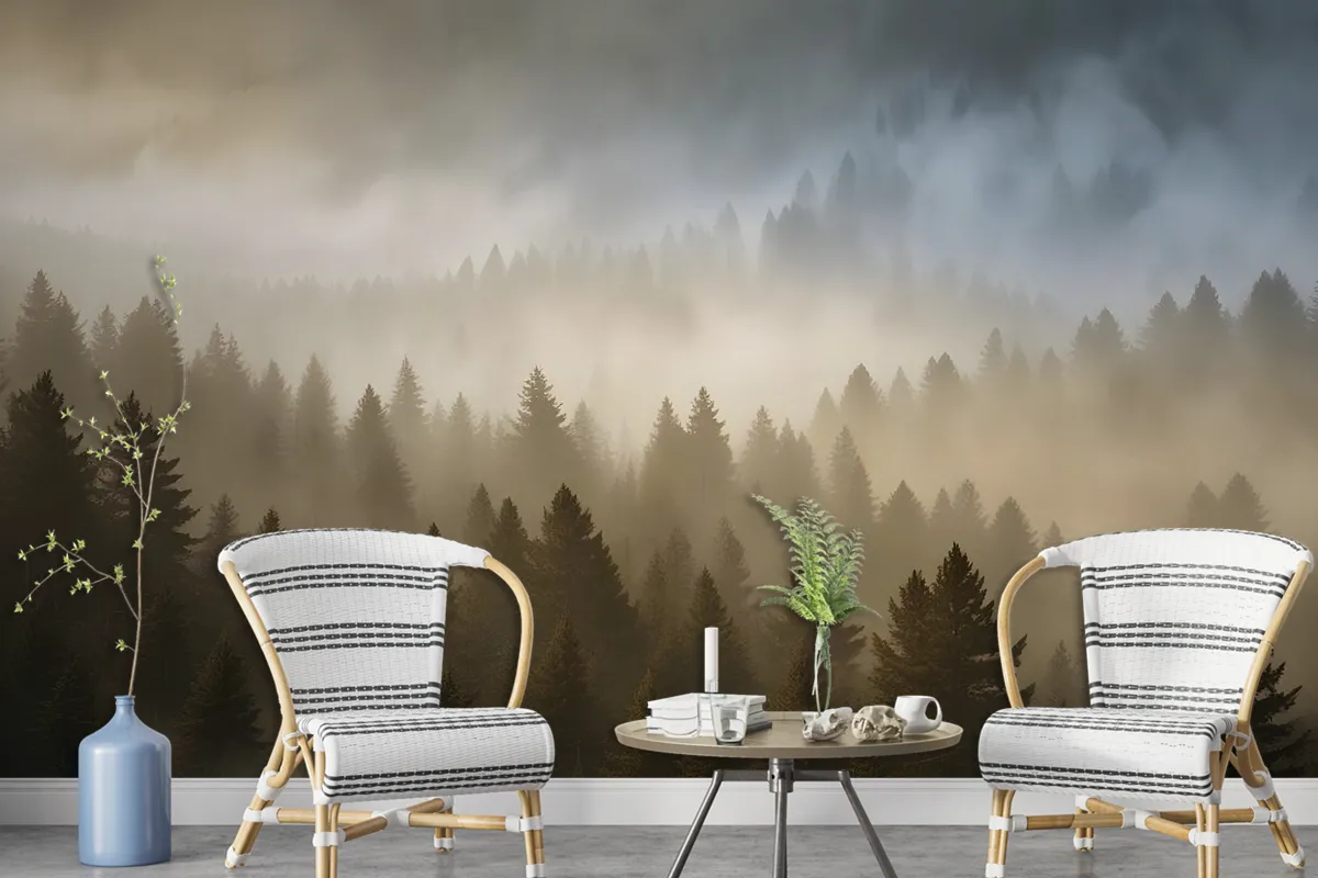 Foggy Pine Forest Landscape Wallpaper Mural