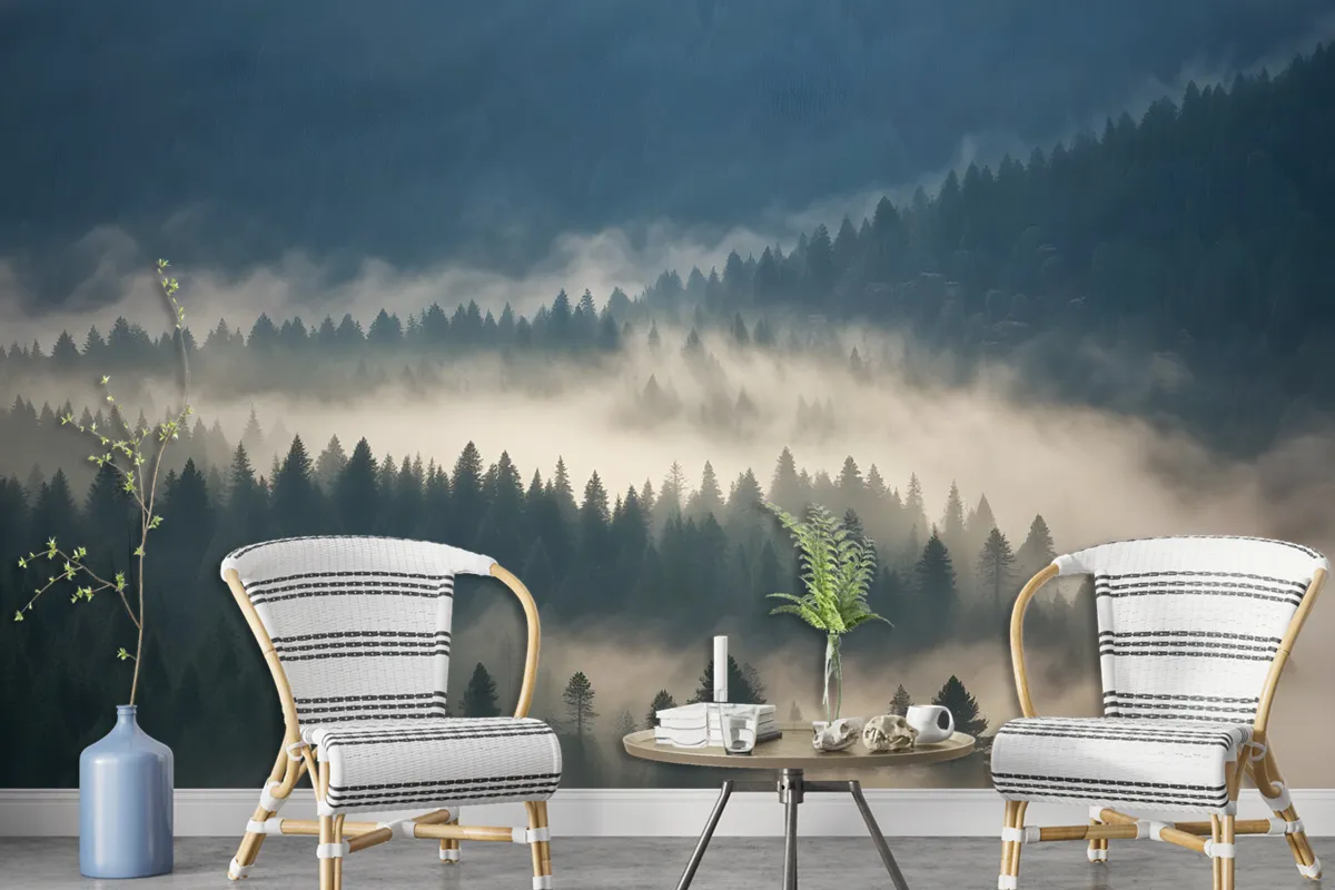 Foggy Pine Woods Landscape Wallpaper Mural