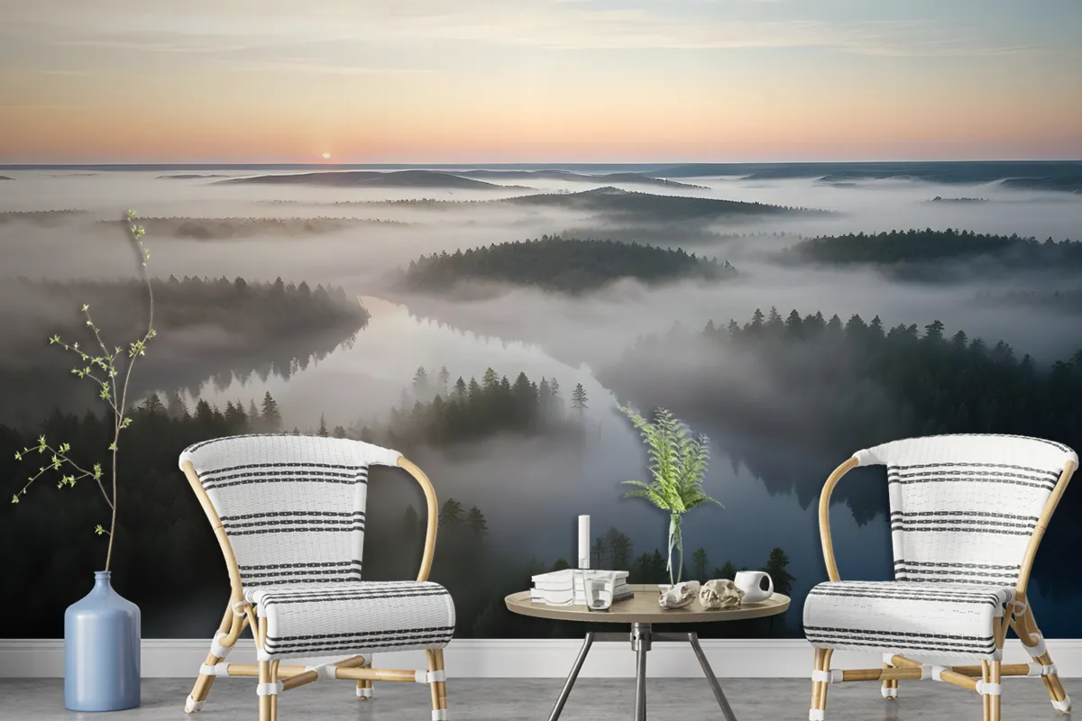 Foggy Rive Forest Landscape Wallpaper Mural