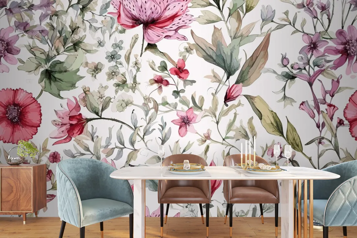 Colourful Floral Background With Leaves Wallpaper Mural