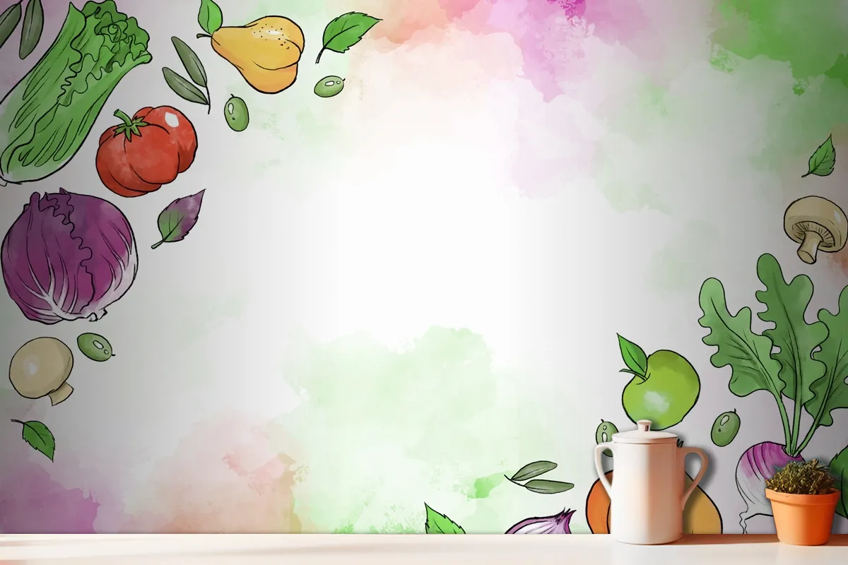 Fruit And Vegetables Hand Drawn Wallpaper Mural