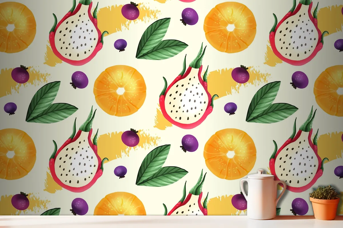 Fruits Pattern With Dragon Fruit Kitchen Wallpaper Mural