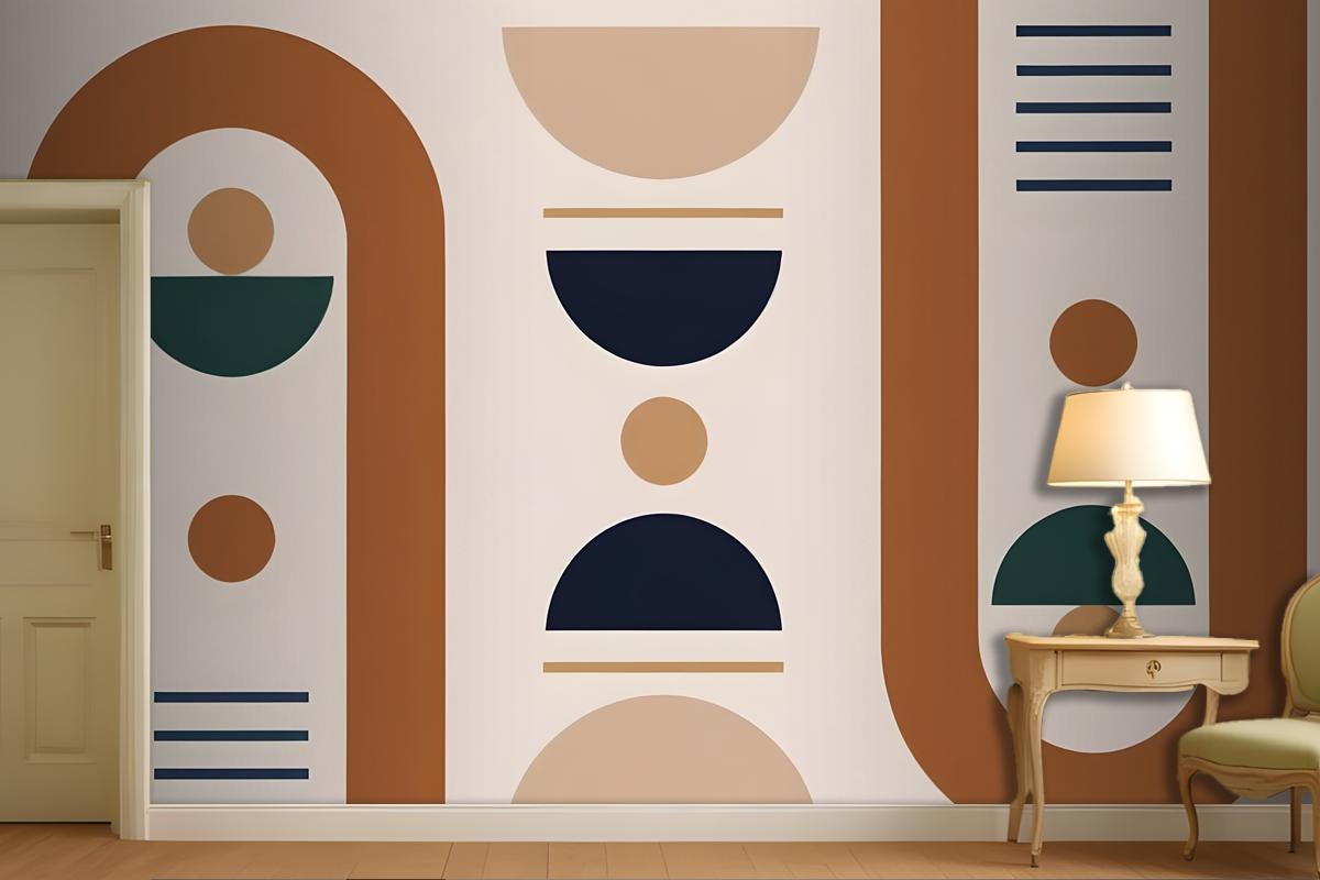 Geometric Shapes And Forms In Earthy Tones Of Brown Beige Navy And Green Wallpaper Mural