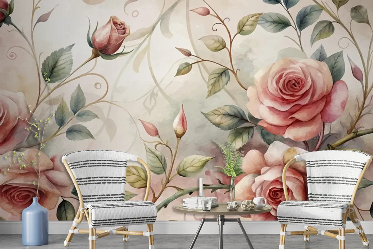 Graceful Rose Tree Pattern Watercolor Background Wallpaper Mural