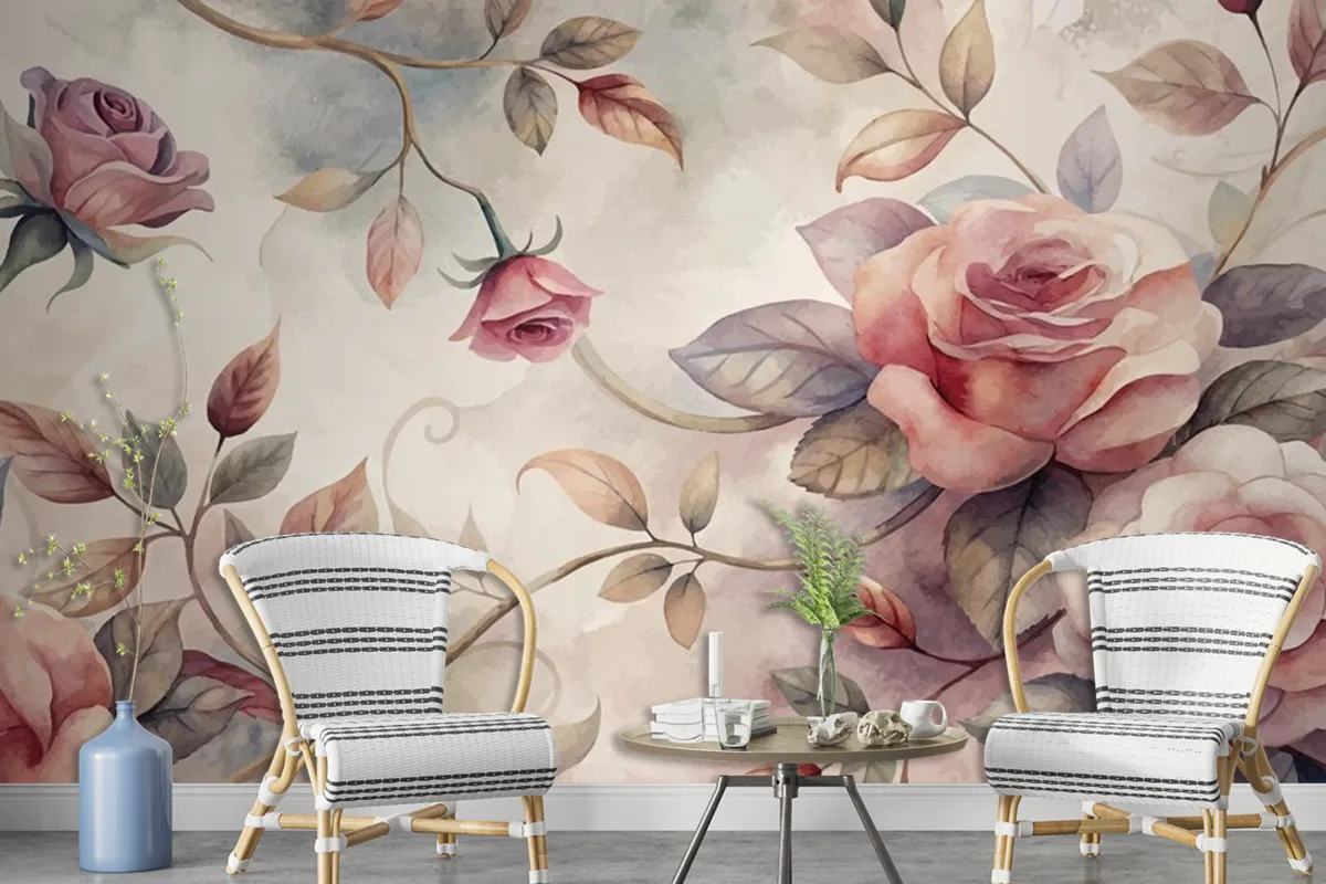 Graceful Rose Tree Pattern Watercolor Background Wallpaper Mural