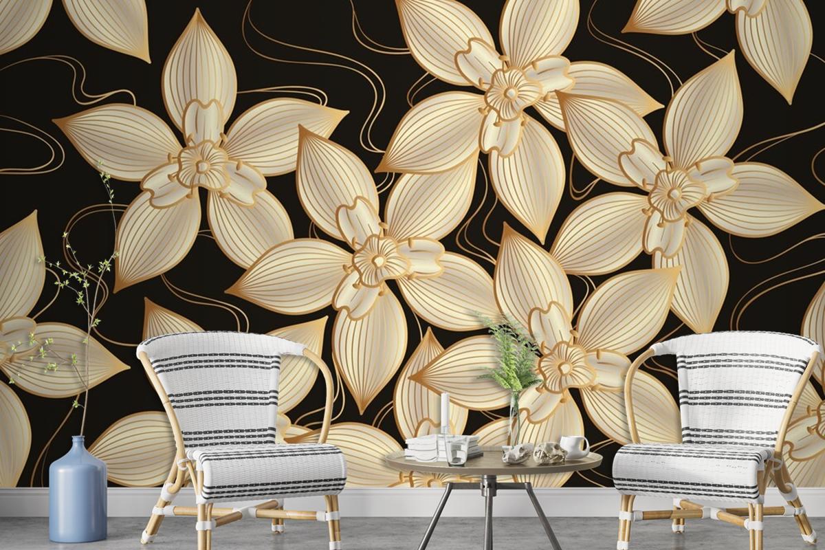 Gradient Golden Linear Background With Elegant Flowers Wallpaper Mural