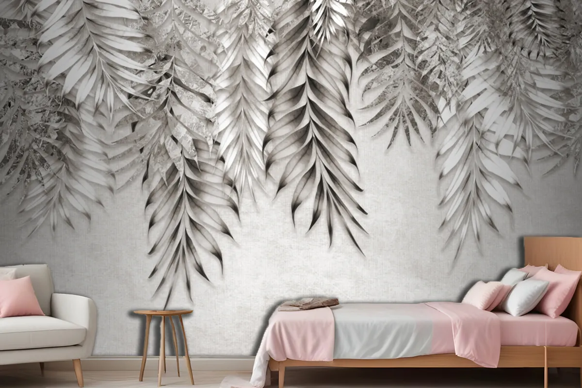 Gray And White Branches Trees Leaves On Drawing Wallpaper Mural