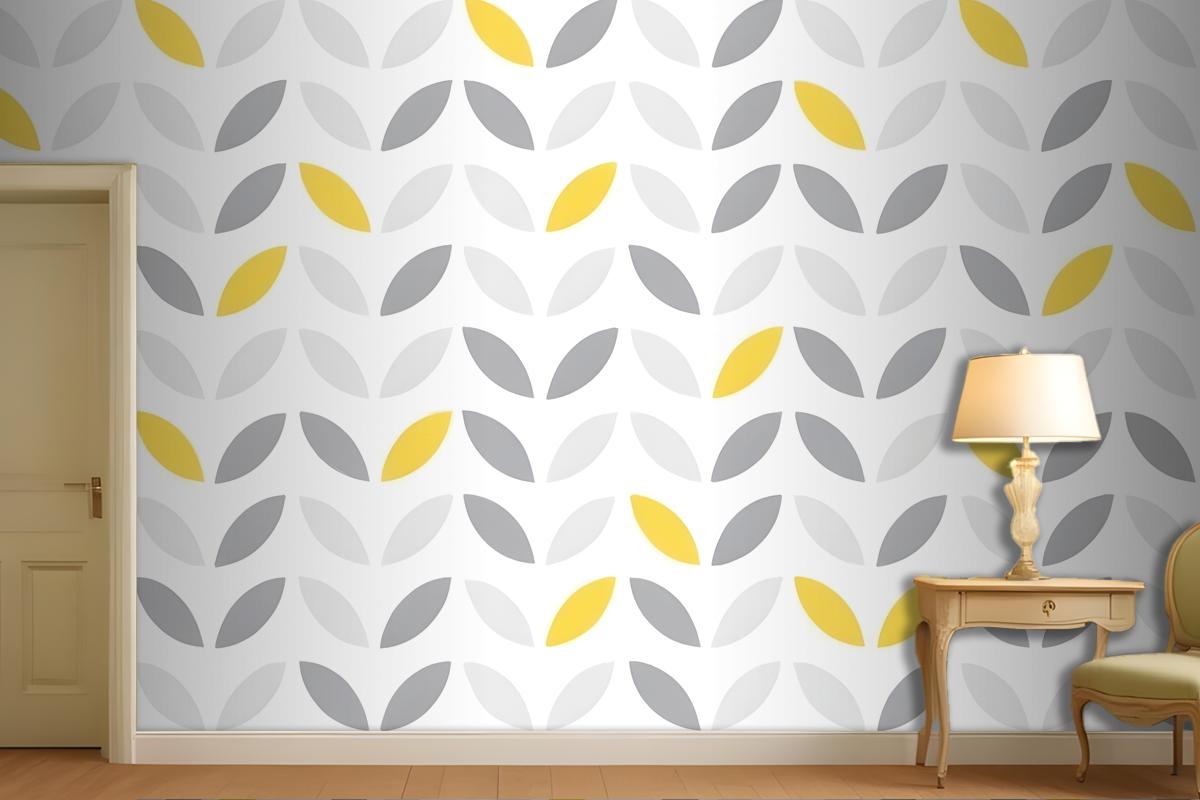 Gray And Yellow Leaf Shapes Arranged In A Repeating Geometric Design Wallpaper Mural