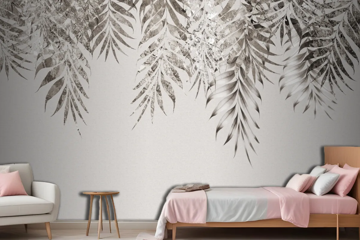 Gray Branches Tree Leaves In Drawing Wallpaper Mural