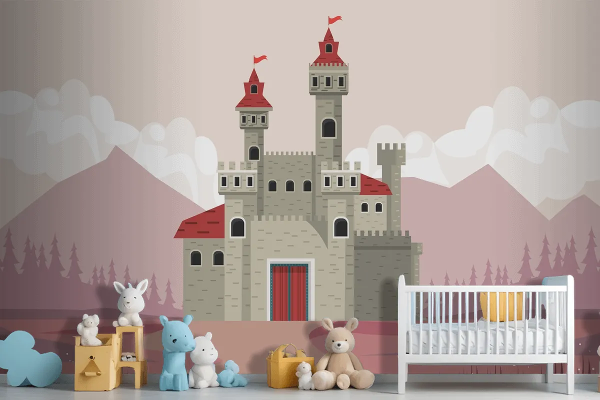 Gray Castle In Pink Landscape Scene Wallpaper Mural