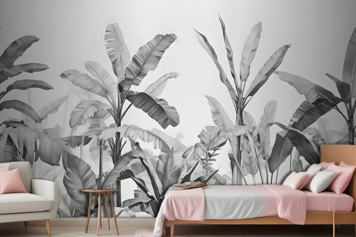 Grayscale Vintage Tropical Plants Wallpaper Mural