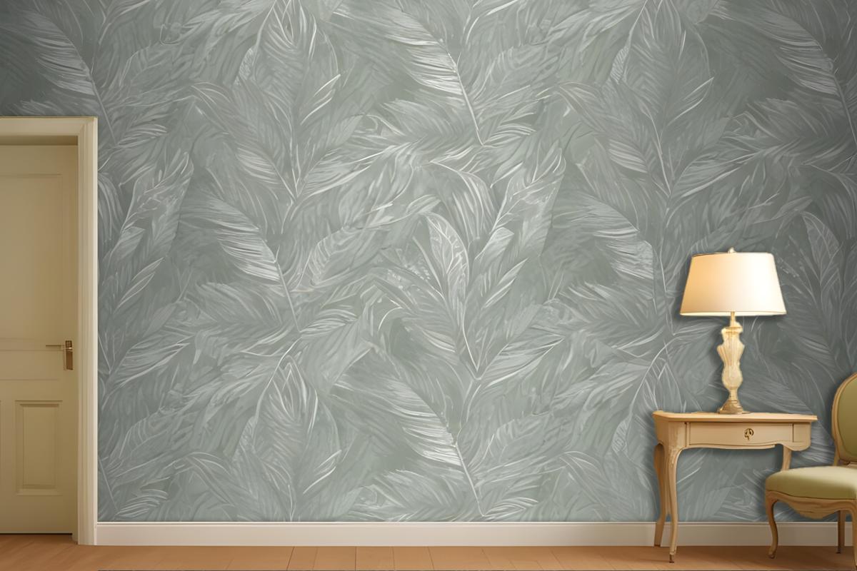 Green And White Abstract Pattern With Overlapping Leaf Or Featherlike Shapes Wallpaper Mural