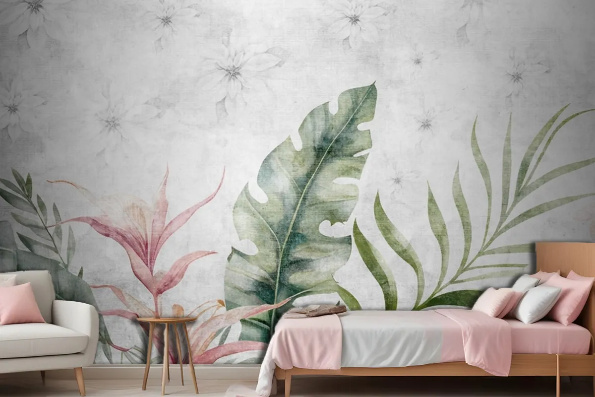 Green Branches Tree Leaves On Drawing Gray Wallpaper Mural