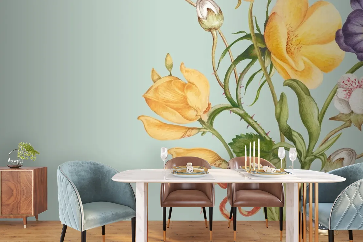 Green Floral Background In Pastel Paper Texture Style Wallpaper Mural