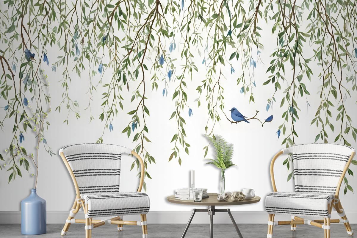 Green Hanging Leaves With Colorful Birds Wallpaper Mural