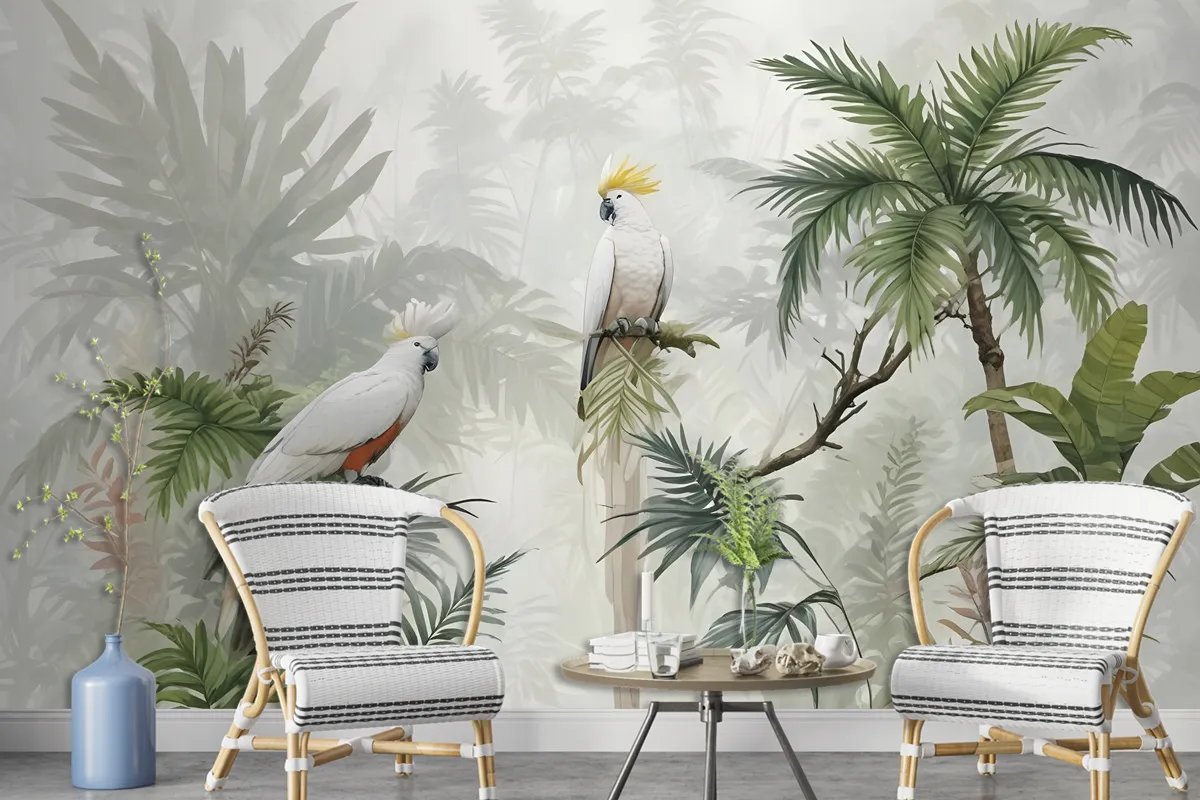 Green Tropical Forest With Parrot Wallpaper Mural