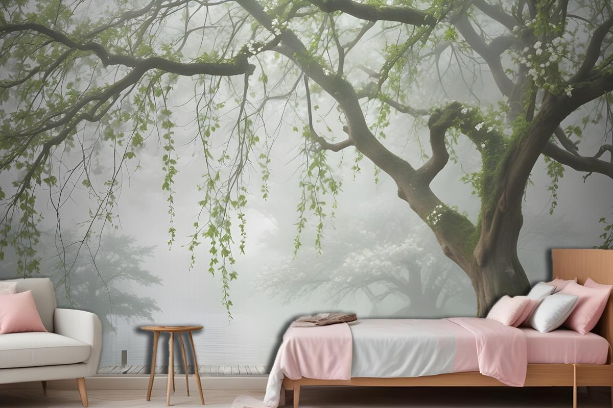 Green White Leaves And Flowers Tree Branches Wallpaper Mural