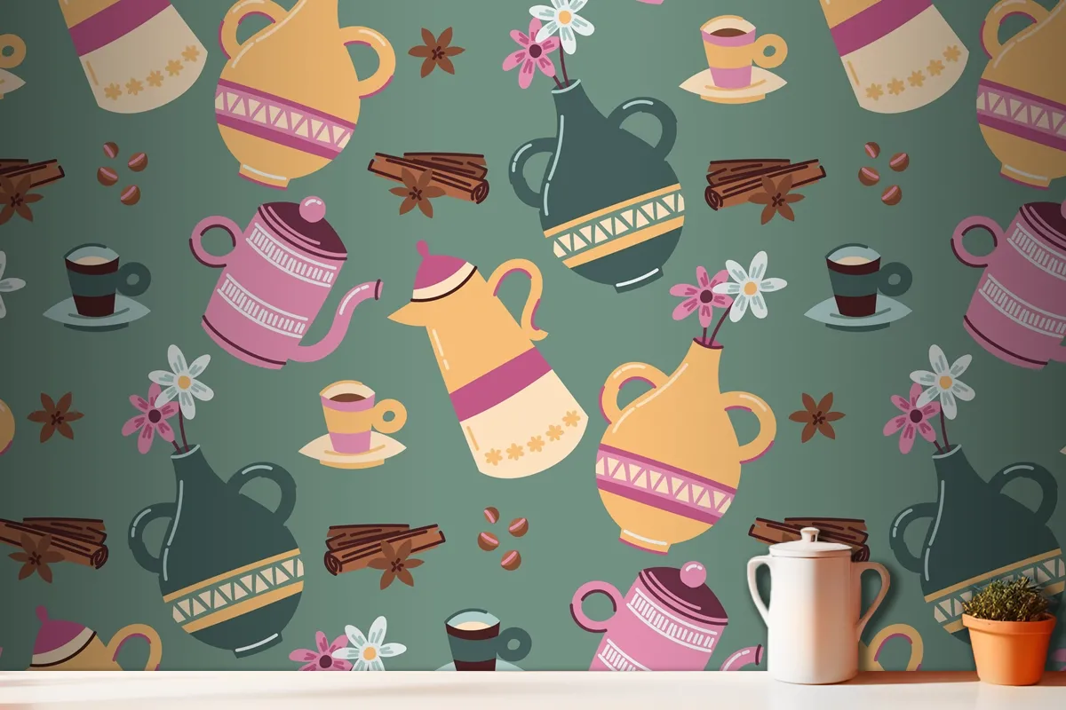 Hand Drawn Colorful Coffee Pattern Wallpaper Mural