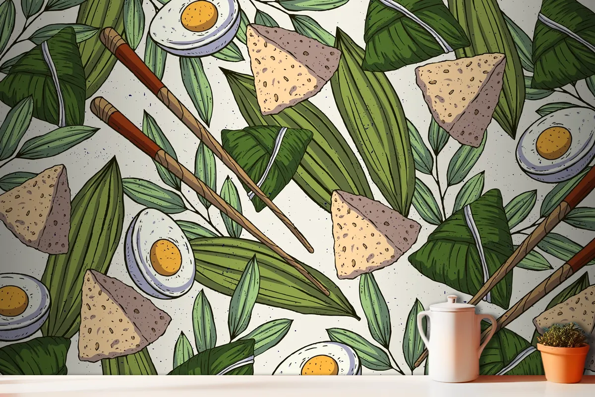 Hand Drawn Dragon Boats Zongzi Wallpaper Mural