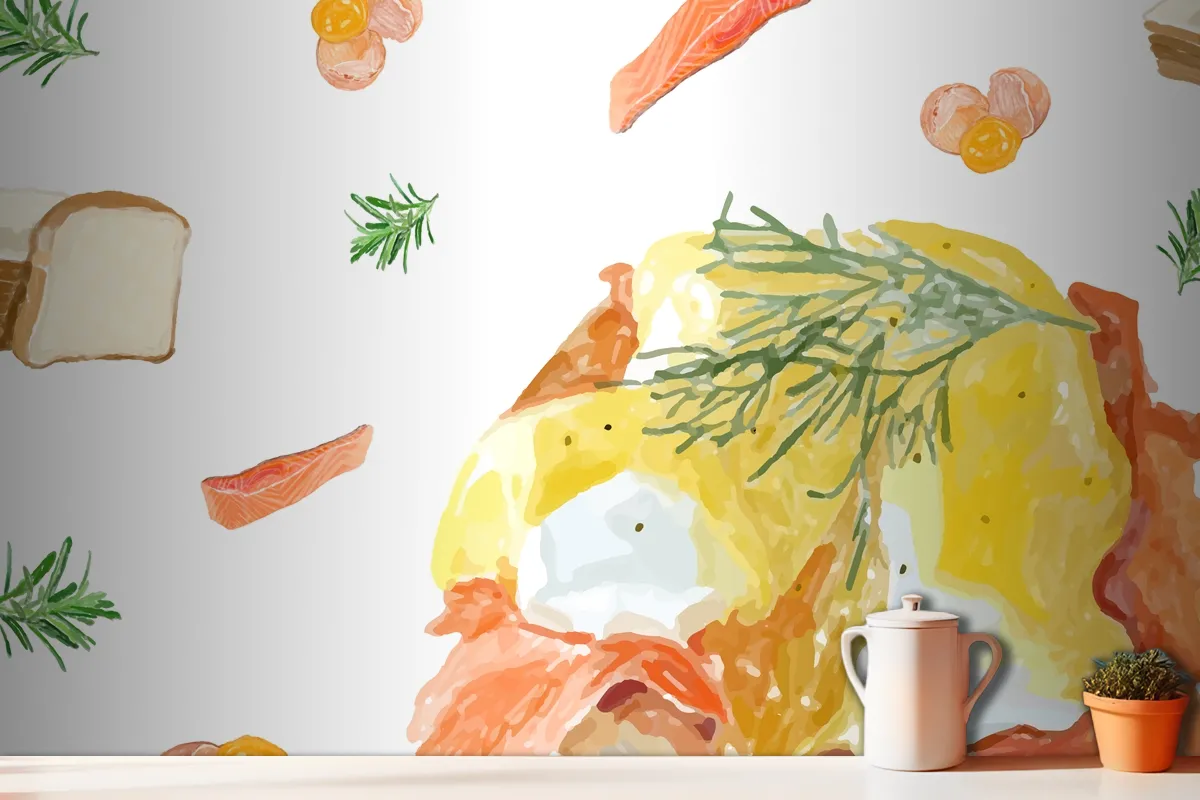 Hand Drawn Egg Benedic Watercolor Style Wallpaper Mural