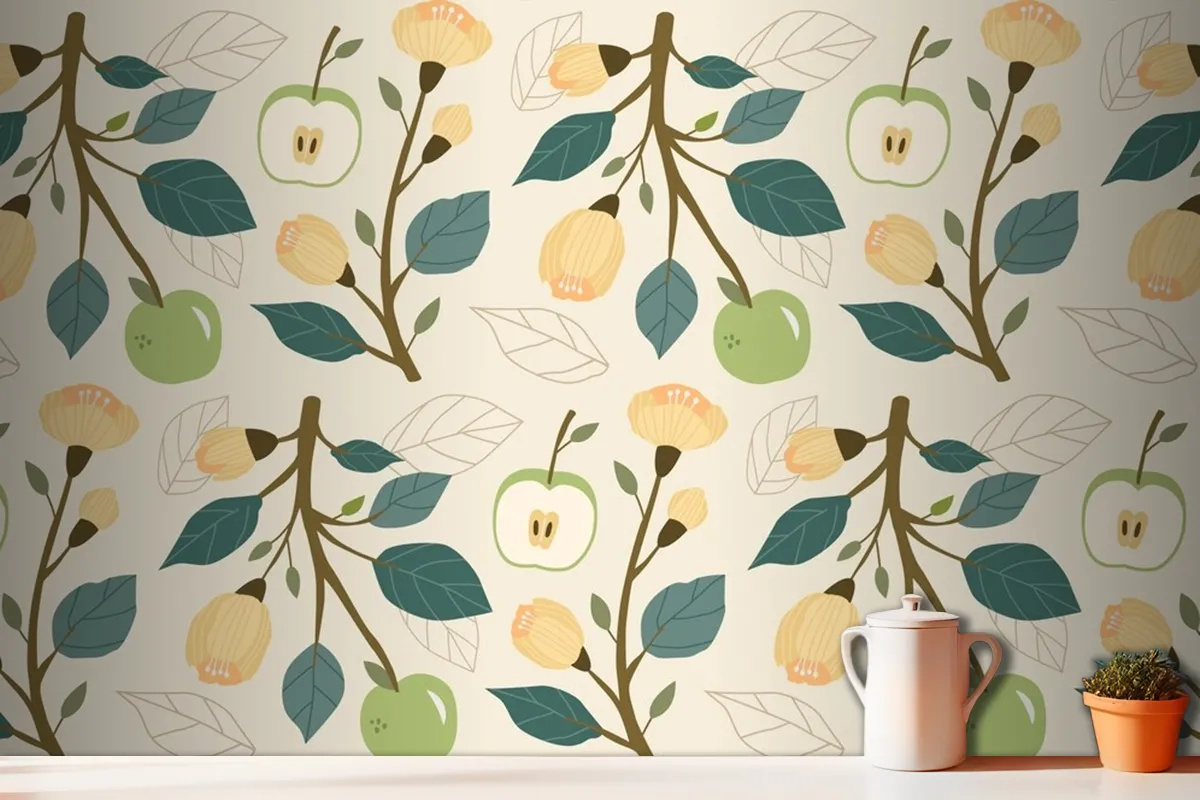 Hand Drawn Flat Fruit And Floral Pattern Kitchen Wallpaper Mural