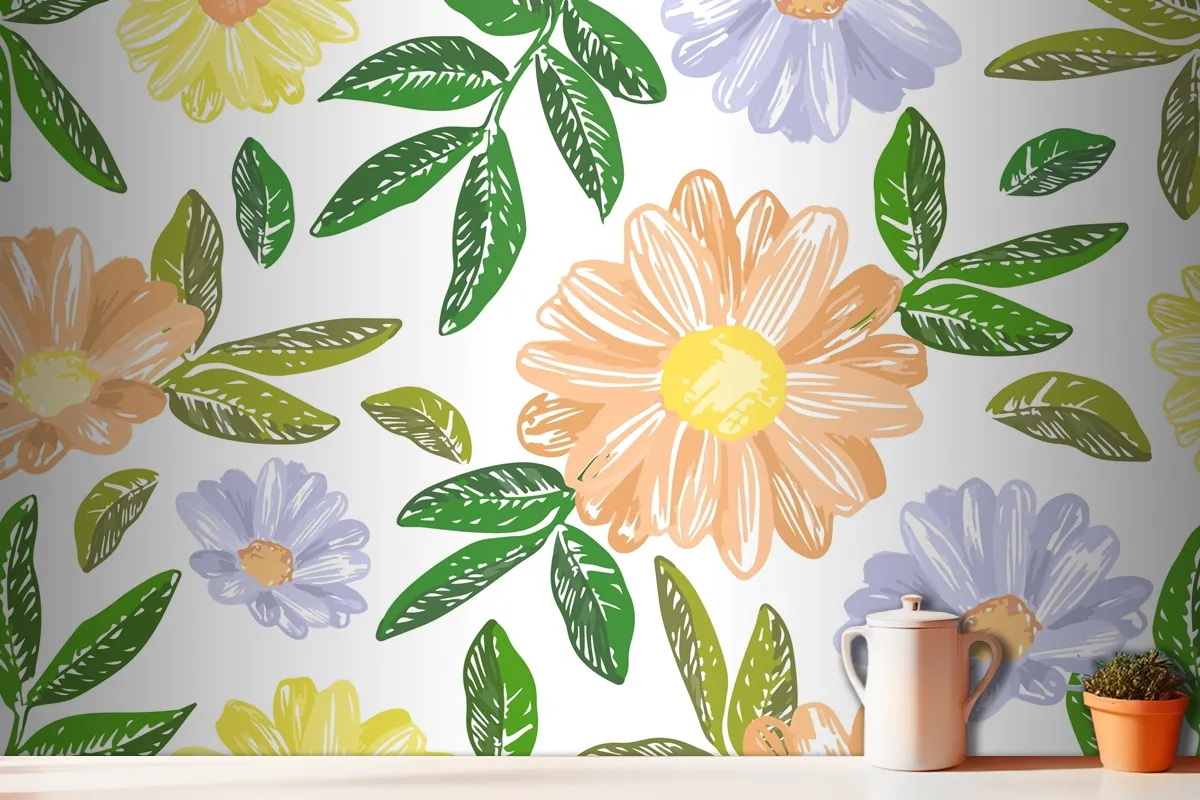 Hand Drawn Floral Embroidery Wallpaper Mural