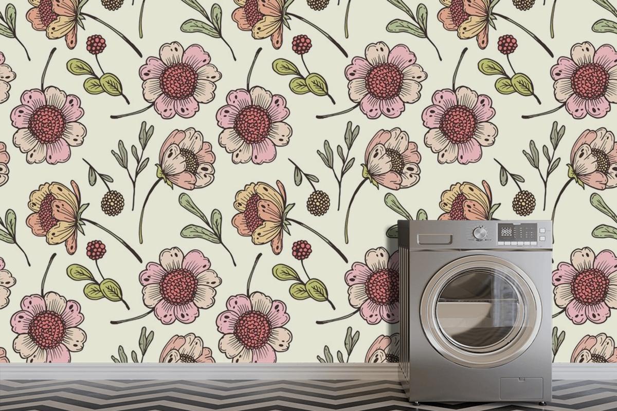 Hand Drawn Floral Pattern In Peach Tones Wallpaper Mural