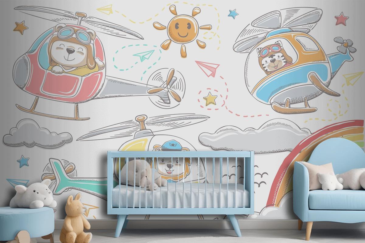 Hand Drawn Funny Animals Cartoon On Helicopters Sky Object Elements Cartoon Wallpaper Mural