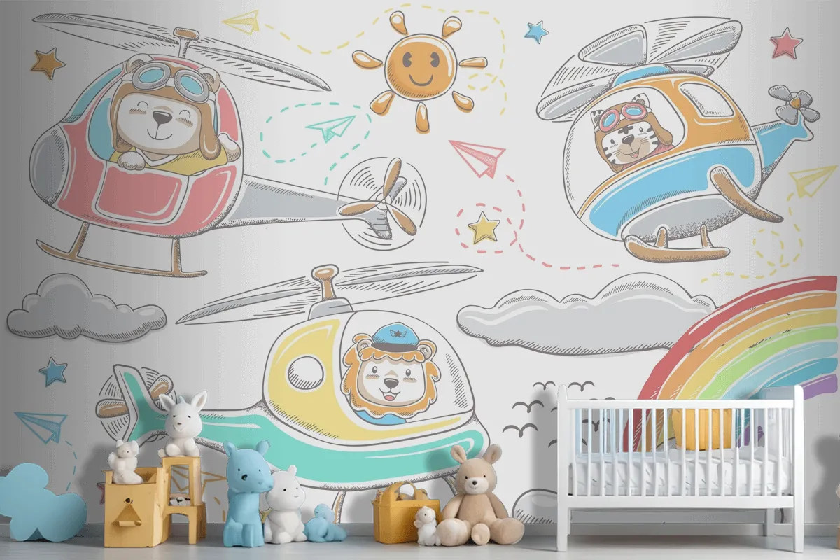 Hand Drawn Funny Animals Cartoon On Helicopters Sky Object Elements Cartoon Wallpaper Mural