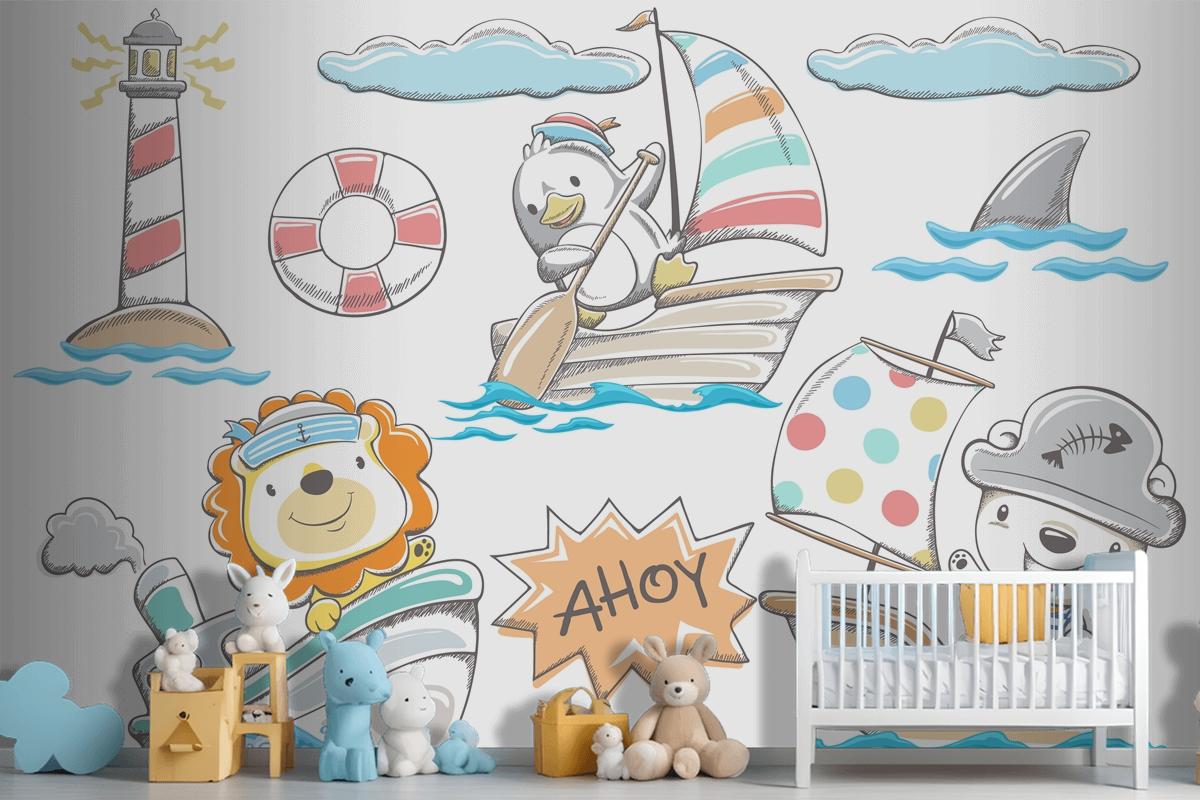 Hand Drawn Funny Animals Sailor With Sea Elements Wallpaper Mural