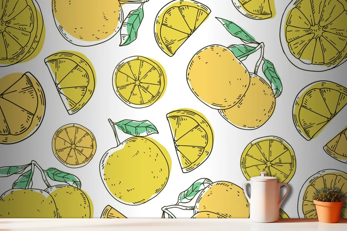 Hand Drawn Lineal Engraved Lemon Pattern Wallpaper Mural