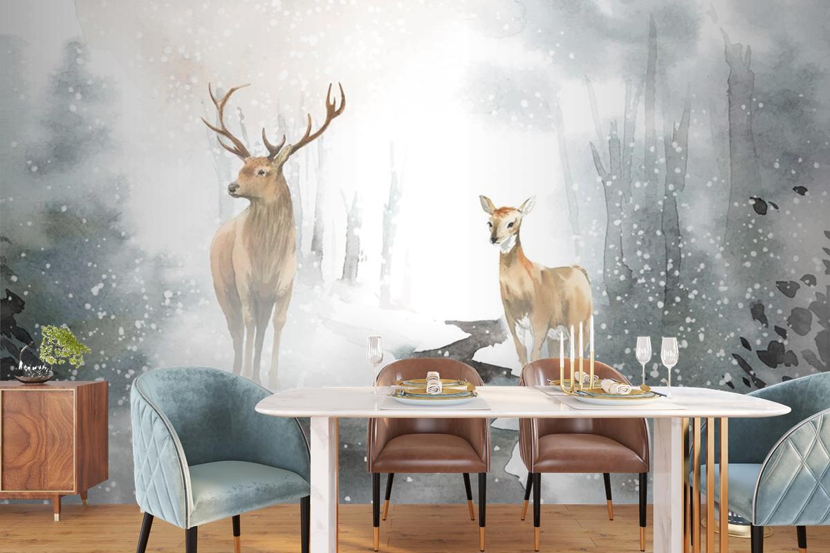 Handdrawn Pair Of Deer Watercolor Style Wallpaper Mural